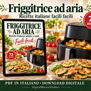 Può includere: Un tablet digitale mostra la copertina di un ricettario intitolato Friggitrice ad aria con il sottotitolo Ricette italiane adatte a tutti e Facili facili. Una friggitrice ad aria nera contiene spicchi di patate cotti.