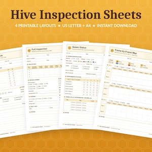 Puede incluir: Cuatro hojas de inspección de colmenas imprimibles en blanco con texto marrón oscuro y detalles amarillos. Las hojas se titulan Hive Inspection Sheets, Quick Check, Full Inspection, Queen Status y Frame-by-Frame Map, con casillas de verificación y tablas.