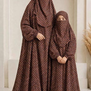 Geometric Print Prayer Dress, One-Piece Prayer with attached Niqab, khimar Namaz Chadar with sleeves
