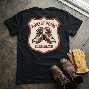 May include: A black t-shirt featuring a shield-shaped graphic on the back with the text "HONEST WORK" and "HONEST PAY" surrounding an illustration of two brown lace-up work boots. A pair of brown leather boots and tan work gloves are nearby.