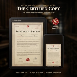 May include: A digital document titled The Conjugal Binding from Cursed Contracts Inc. displayed on a tablet and smartphone. The document features a red wax seal, a filed stamp, and signatures for Sam and Alex, presented as an A4 PDF and wallpaper.