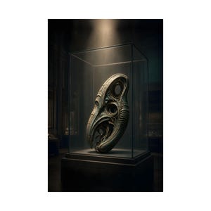 May include: A dark, weathered, organic-shaped sculpture with intricate, carved textures and circular openings, displayed inside a clear glass rectangular case on a solid black pedestal under a single focused spotlight.