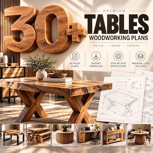 Op de afbeelding: Een digitale afbeelding met de tekst 30+ PREMIUM TABLES WOODWORKING PLANS en iconen voor gedetailleerde plannen, directe download, stapsgewijze instructies en materiaallijsten, met een houten tafel en technische bouwtekeningen.