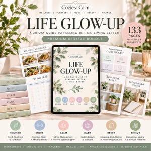 Peut inclure: Un ensemble numérique intitulé Life Glow-Up, un guide de 30 jours pour se sentir mieux et vivre mieux. Le lot comprend 133 pages de feuilles de travail, listes de contrôle, trackers et guides de repas PDF imprimables et remplissables sur divers thèmes.