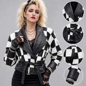 Checkered Leather Jacket Women, Black White Cropped Leather Jacket, Belted Tie Waist, 80s Retro Patchwork Coat, Handmade Gift for Her