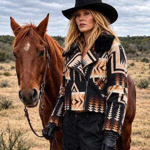 Yellowstone-Jacke für Damen, Beth Dutton Westernjacke, Azteken-Fliegerjacke mit Lammfellkragen, Cowgirl-Ranchmantel, Geschenkidee für Sie