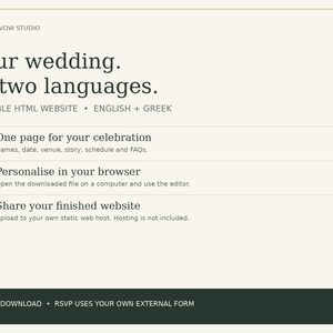 May include: A digital download graphic for an editable HTML wedding website in English and Greek. The text reads: Your wedding. In two languages. Editable HTML website. 01 One page for your celebration. 02 Personalise in your browser. 03 Share your finished website.