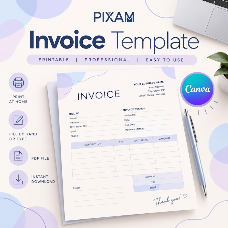 Printable Invoice Template , Professional Billing Form, PDF, Editable ...