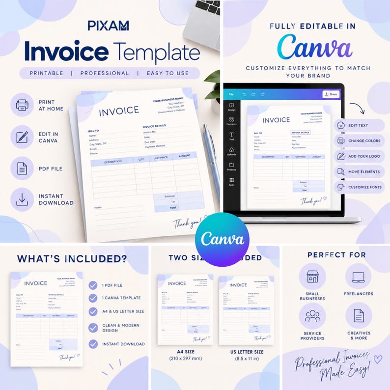 Printable Invoice Template , Professional Billing Form, PDF, Editable ...