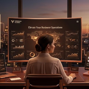 Pode incluir: Um espaço de trabalho com um monitor curvo grande exibindo um mapa-múndi e dados comerciais, um laptop, um smartphone com ícone de robô e dois painéis flutuantes com os textos SET APPOINTMENT e CLIENT INTAKE, em tons de bronze.