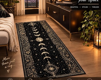 Gothic Celestial Runner Rug, Black Gold Moon Phase Rug, Witchy Home Decor, Astrology Rug, Mystical Bedroom Decor