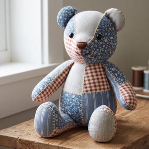 May include: A patchwork teddy bear constructed from various fabric patterns including blue floral, red and white gingham, and blue striped cotton. The bear features black button eyes, a brown stitched nose, and visible white thread stitching.
