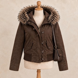 Könnte beinhalten: Eine dunkelbraune Jacke mit Kapuze und einem dicken, mehrfarbigen Kunstfellbesatz. Die Jacke verfügt über einen Reißverschluss, eine Knopfleiste, zwei Vordertaschen mit Knopfklappen und einen gerippten Saum. Eine kleine braune Tasche hängt daran.