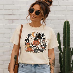 Cute Halloween Patchwork Pumpkin T-Shirt | Ghost, Skeleton, Cats & Spooky Night