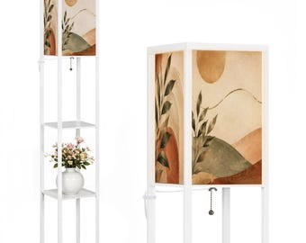 White Shelf Floor Lamp with Wood Stand, Minimalist Standing Lamp