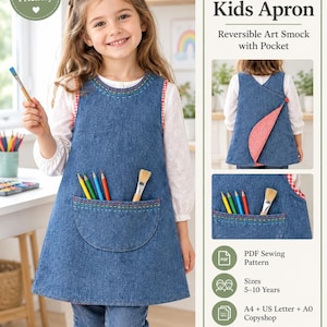 Kids Apron Sewing Pattern PDF, Reversible Art Smock with Pocket, Cross Back Apron Pattern, Sizes 5-10 Years, Beginner Friendly