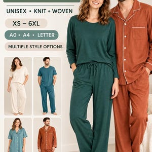 Może przedstawiać: Zestaw klasycznych piżam dla dorosłych, unisex, w stylach dzianinowych i tkanych, dostępny w rozmiarach od XS do 6XL. Obraz przedstawia różne komplety piżam z bluzkami z długim lub krótkim rękawem, koszulami zapinanymi na guziki oraz spodniami w kolorach kremowym, morskim i rdzawym.