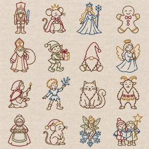 May include: A collection of sixteen embroidered holiday-themed figures on a light beige fabric. The designs include a nutcracker, mouse king, snow queen, gingerbread man, Saint Nicholas, elf, gnome, angel, match girl, boy, cat, goat, baker, mouse, fairy, and carolers.