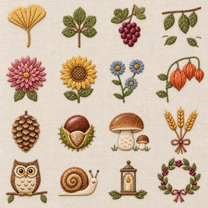 Puede incluir: Una colección de dieciséis parches bordados sobre tela clara que muestran una hoja de ginkgo, hojas de castaño, uvas, follaje, una dalia rosa, un girasol, flores azules, farolillos naranjas, una piña, una castaña, setas, trigo, un búho, un caracol, un farol y una corona.