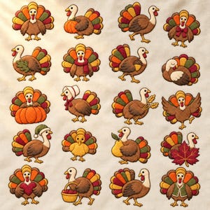 20 Thanksgiving Turkey Embroidery Patterns, Filled Designs, PDF SVG PNG (Digital Download)