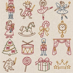 以下が含まれることがあります： ライトベージュの生地に刺繍された16個のクリスマスをテーマにしたアイコンのコレクション。デザインには、くるみ割り人形、剣を持ったネズミ、バレリーナ、妖精、人形を持つ子供、木馬、キャンディケイン、時計、クリスマスツリー、ドラム、兵隊、カーテン、ネズミ、ペロペロキャンディ、ギフト、王冠が含まれています。