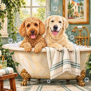 May include: A curly-haired brown dog and a golden-furred dog sitting in a white clawfoot bathtub filled with bubbles. The tub features gold-toned feet and a gold faucet. A white towel with green stripes hangs over the edge of the tub.