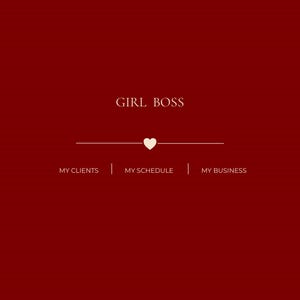 May include: A deep red planner cover featuring the text GIRL BOSS at the top, a small white heart icon centered on a horizontal line, and the text MY CLIENTS, MY SCHEDULE, and MY BUSINESS below. The bottom displays the text PLANNER 2027.