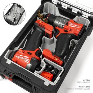 May include: A gray plastic tool case insert with custom-molded compartments for two Milwaukee Fuel power tools, drill bits, and small accessories. The insert is designed to fit inside a black tool box. Text reads: OPTION: DEEP ORGANISER. INSERTS ONLY. NO TOOLS OR CASES INCLUDED.
