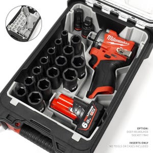May include: A grey plastic tool organiser tray insert designed for a Milwaukee case, featuring custom-moulded compartments for a red and black impact wrench, a 6.0 Ah Redlithium M12 battery, and various black metal sockets arranged in rows.