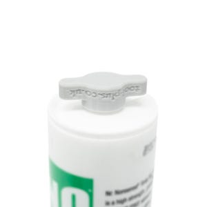 May include: A white cylindrical container topped with a light grey, T-shaped plastic wing nut cap. The cap features the embossed text tool-plus.co.uk. The container body displays a green rectangular label with partial white text and black printed text.