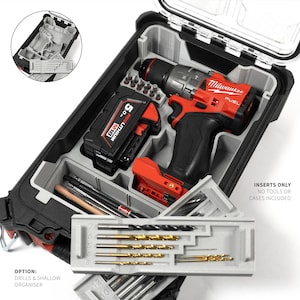 May include: A grey 3D-printed plastic tool case insert with custom-moulded compartments for a Milwaukee M18 drill, battery, and drill bits. The insert features labelled slots for drill bits numbered 3 through 7, designed to fit inside a hard tool box.