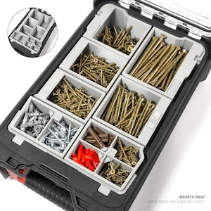 May include: A black plastic organiser case containing multiple light grey removable bins filled with various metal screws, wall anchors, and plastic fasteners. The bins are labelled with numerical indicators. Text reads: INSERTS ONLY NO SCREWS OR CASES INCLUDED.