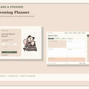 Könnte beinhalten: Ein digitaler Abendplaner mit dem Titel Plans & Possums und einer Opossum-Illustration. Die Benutzeroberfläche enthält eine Seite für die Abendroutine, eine Januar-Planungsseite mit anklickbaren Reitern sowie Bereiche für Notizen.