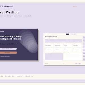 May include: A digital novel writing and story development planner with a light purple background. The interface displays a planner dashboard with clickable tabs, sections for story foundation, character profiles, plot beats, and scene planners.