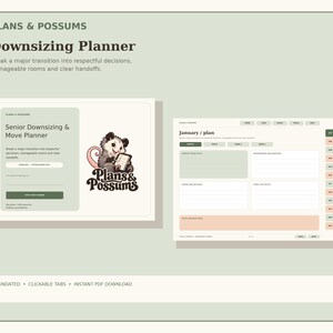Peut inclure: Un planificateur numérique de réduction d'espace intitulé Plans & Possums avec une illustration d'opossum. L'interface présente une page de planning de janvier avec des onglets cliquables, des sections pour le suivi et une palette de couleurs vert sauge et pêche.