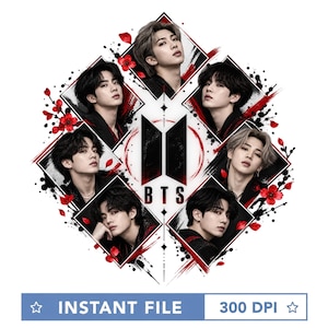 May include: A digital graphic featuring seven members of the music group BTS arranged in diamond-shaped frames surrounding a central black BTS logo. The design includes red flower accents, black ink splatter effects, and a white background.