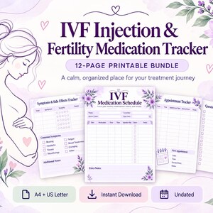 May include: A 12-page printable IVF injection and fertility medication tracker bundle featuring purple floral accents and a line art illustration of a pregnant person. Includes pages for symptoms, medication schedules, appointments, and doctor questions.