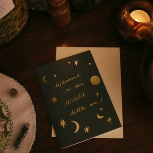 Bienvenido a la Tarjeta Mundial Celestial Nuevo Bebé, Tarjeta de Felicitaciones de Astrología, Sostenible y Reciclable, Tarjeta de Anuncio de Nacimiento
