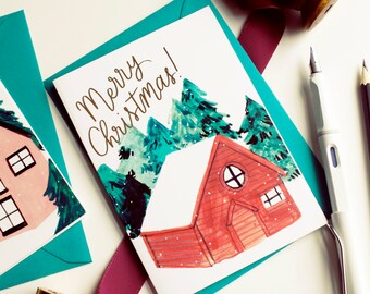 Illustrated Snowy Cabin Christmas Card - A6