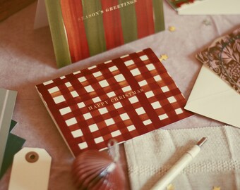 Red Plaid Christmas Card, Pack of 1 or 3, Traditional Check Pattern, Made in the UK, Sustainable & Recyclable, Cottage Christmas Style