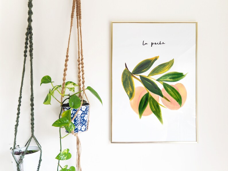 May include: A framed art print with a watercolour illustration of peaches and leaves, with the text "La peche". The artwork is in a gold frame. Two macram&eacute; plant hangers with potted plants are also visible.