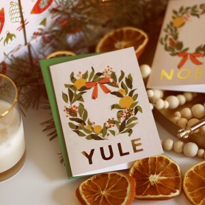 YULE Illustrated Pink Wreath Christmas Card