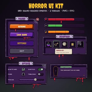 May include: A digital horror UI kit featuring purple menu panels with red blood-like drips. Includes a pause menu, inventory slots with a cursed key icon, options toggles, and status bars. Text includes Horror UI Kit, 180+ Hand-Shaded Sprites, 2 Themes, PNG + SVG, Paused, Resume, Load Game, Settings, Quit, Inventory, Cursed Key, Opens the crypt door, Options, Jump Scares, Subtitles, Gore, Vibration, Volume, Gravekeeper, and You shouldn't be out here.