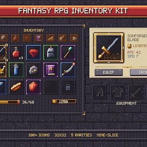 Puede incluir: Una interfaz de kit de inventario RPG de fantasía en pixel art con una cuadrícula de varios objetos de juego, incluyendo una corona, un escudo, pociones y gemas. La pantalla muestra una Sunforged Blade con estadísticas y etiquetas de texto.