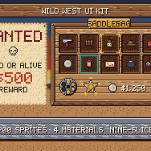 Wild West Pixel Art UI Kit | 200 Game GUI Sprites | Saloon Panels, Wanted Poster, Revolver Ammo HUD, 51 Icons | Unity Godot Unreal