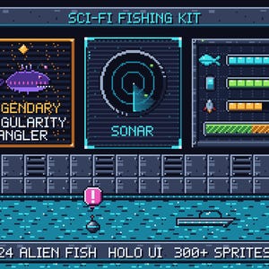 Sci-Fi Fishing Game Asset Pack | 301 Pixel Art Sprites | 24 Alien Fish, Holo UI, Sonar, Rods, Tiles | Unity Godot Unreal GameMaker