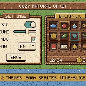 Puede incluir: Un kit de interfaz de usuario en pixel art titulado COZY NATURAL UI KIT que incluye un menú de configuración con opciones para música, sonido, ventana e idioma, una cuadrícula de inventario de mochila y una barra con 2 THEMES 300+ SPRITES NINE-SLICE.