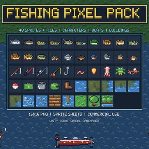 May include: A digital asset pack titled FISHING PIXEL PACK containing 48 sprites, tiles, characters, boats, and buildings. The collection features 16x16 PNG pixel art graphics of fish, fishing rods, lures, gear, and environment tiles for game development.