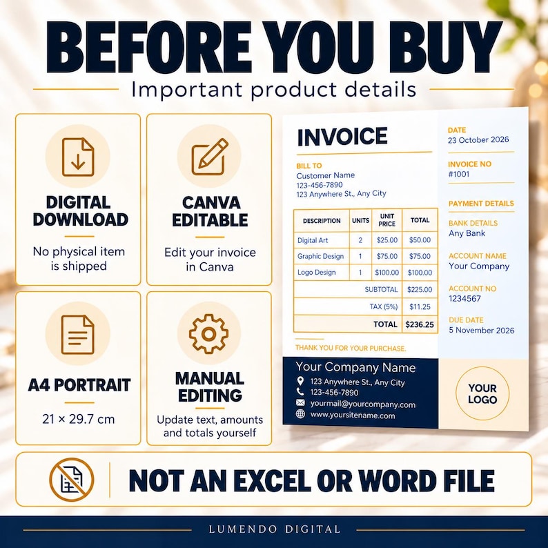 Invoice Template Canva, Editable Business Invoice, Printable Service ...