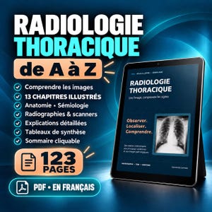Op de afbeelding: Een digitaal e-boek getiteld RADIOLOGIE THORACIQUE de A à Z weergegeven op een tabletscherm. De cover toont een röntgenfoto van de borstkas, de tekst 'Observer. Localiser. Comprendre.', 13 geïllustreerde hoofdstukken, 123 pagina's en PDF-formaat.